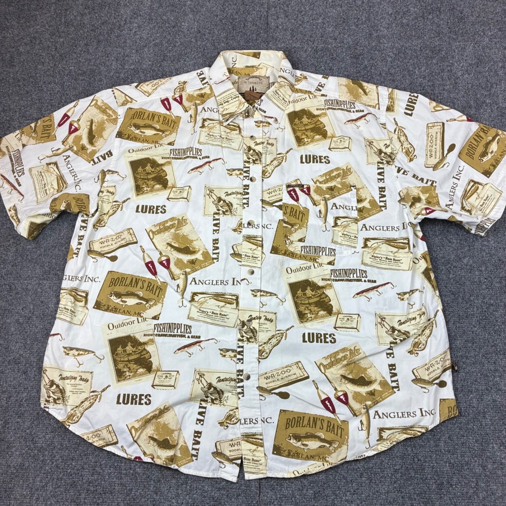 Outdoor Life Mens XXL Fishing Lure Print Cotton Short Sleeve Button Down Shirt